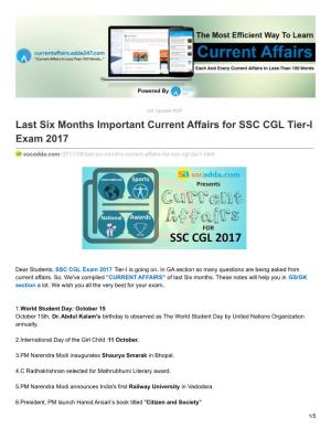 Last Six Months Important Current Affairs for SSC CGL Tier-I Exam 2017