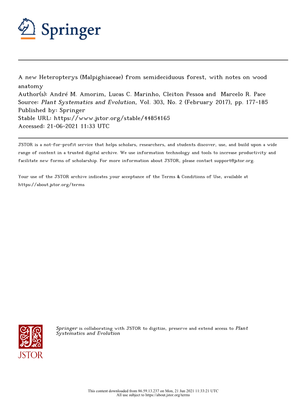 A New Heteropterys (Malpighiaceae) from Semideciduous Forest, with Notes on Wood Anatomy Author(S): André M