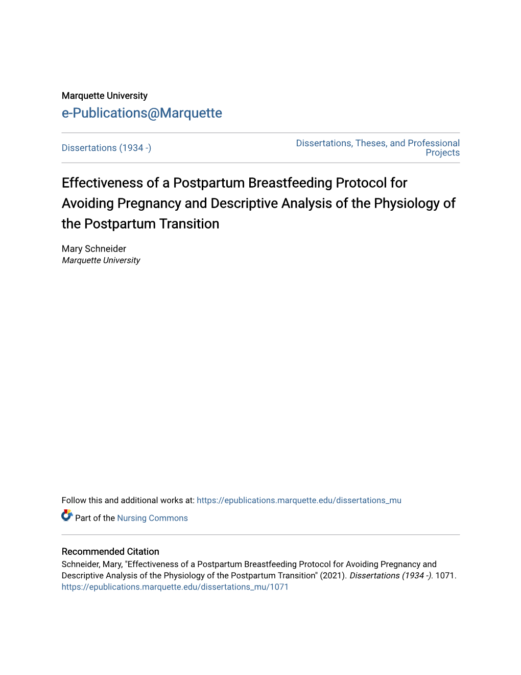 Effectiveness of a Postpartum Breastfeeding Protocol for Avoiding Pregnancy and Descriptive Analysis of the Physiology of the Postpartum Transition