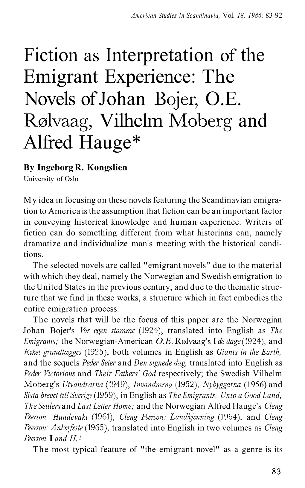 Fiction As Interpretation of the Emigrant Experience: the Novels of Johan Bojer, O.E