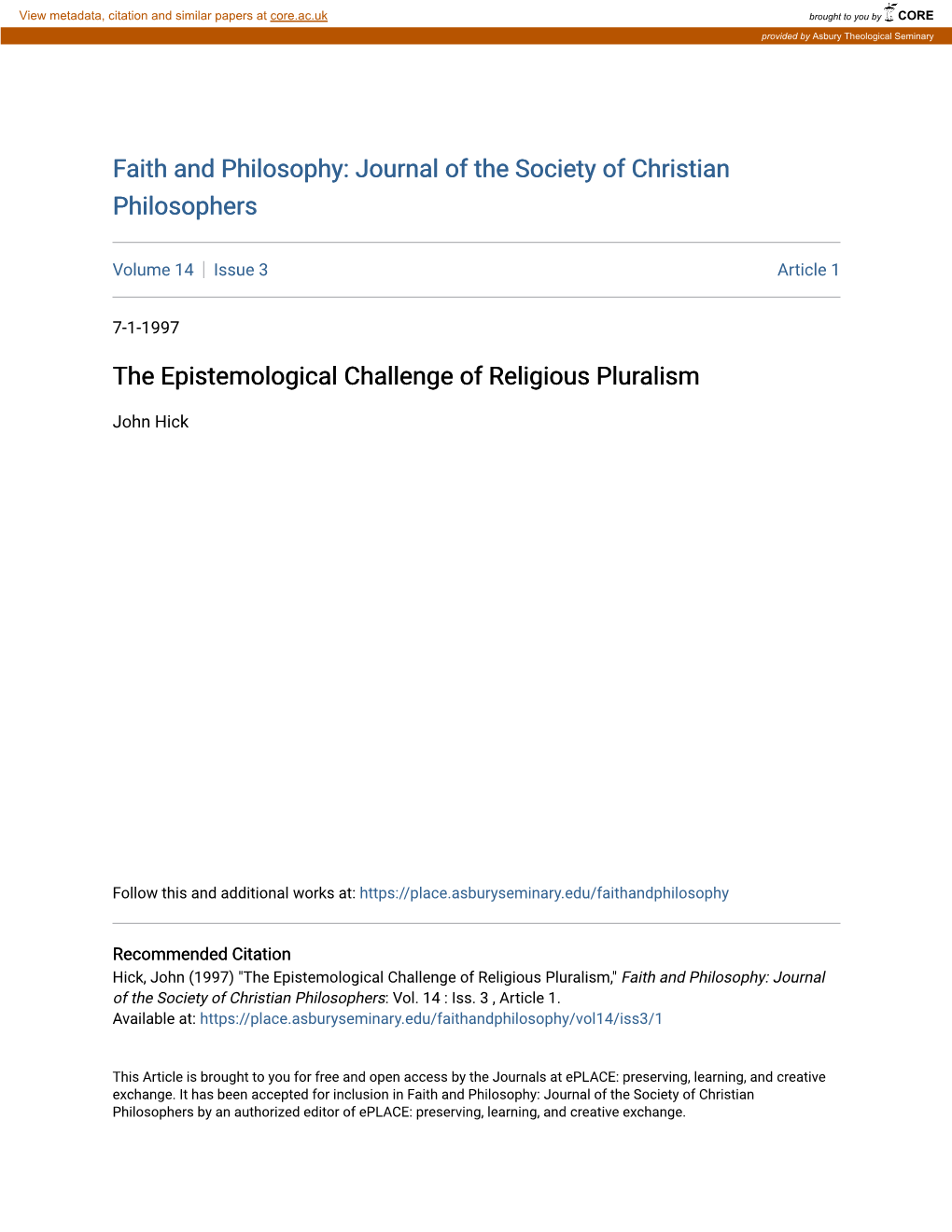 The Epistemological Challenge of Religious Pluralism