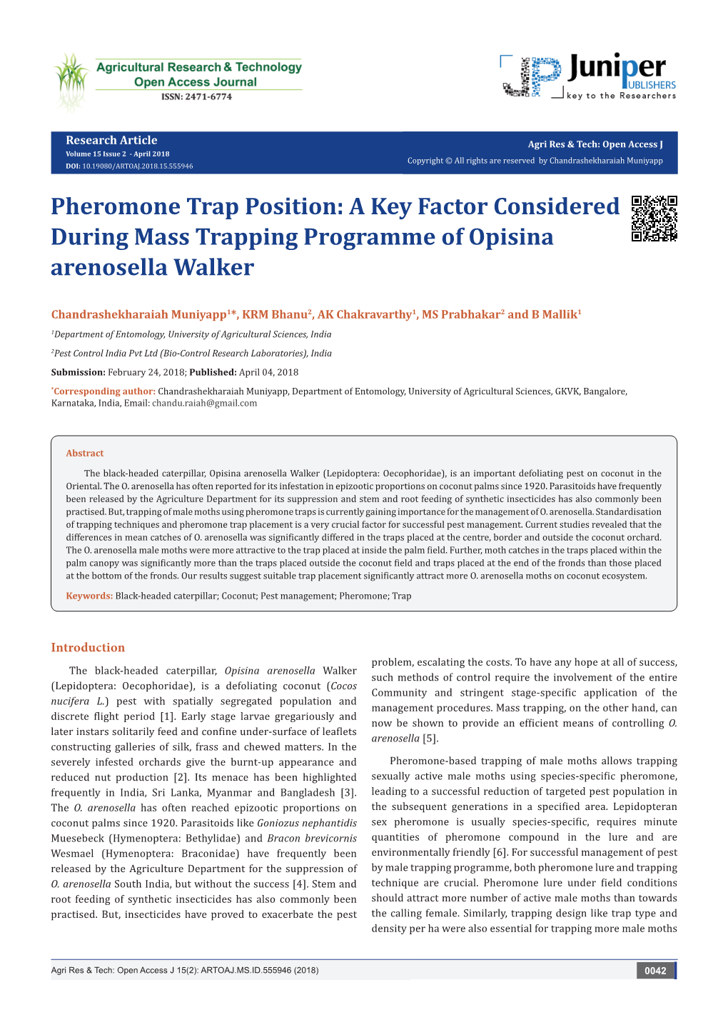 Pheromone Trap Position: a Key Factor Considered During Mass Trapping Programme of Opisina Arenosella Walker