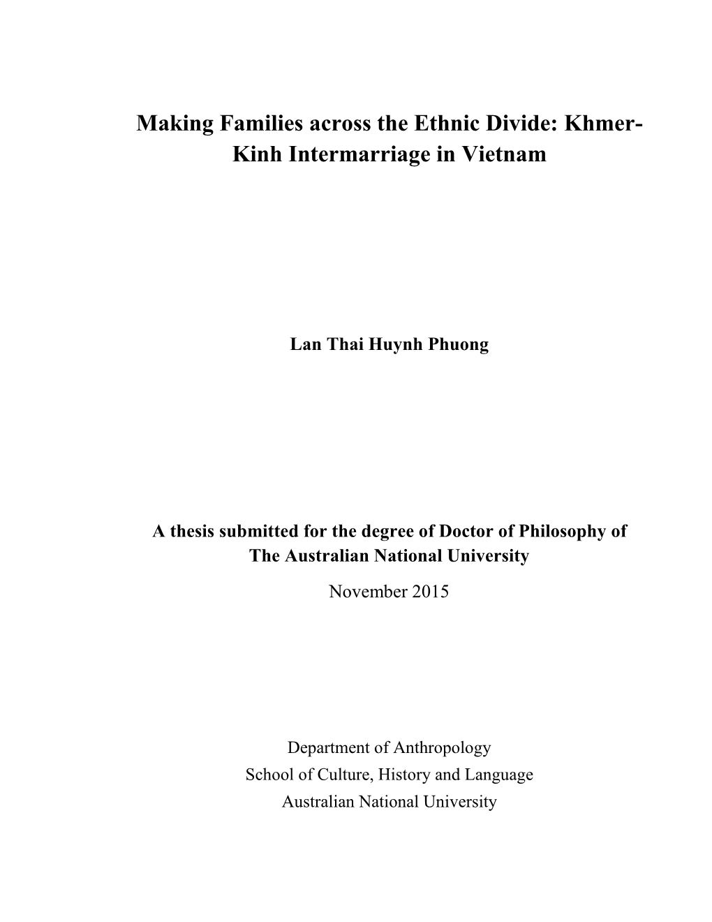 Making Families Across the Ethnic Divide: Khmer- Kinh Intermarriage in Vietnam