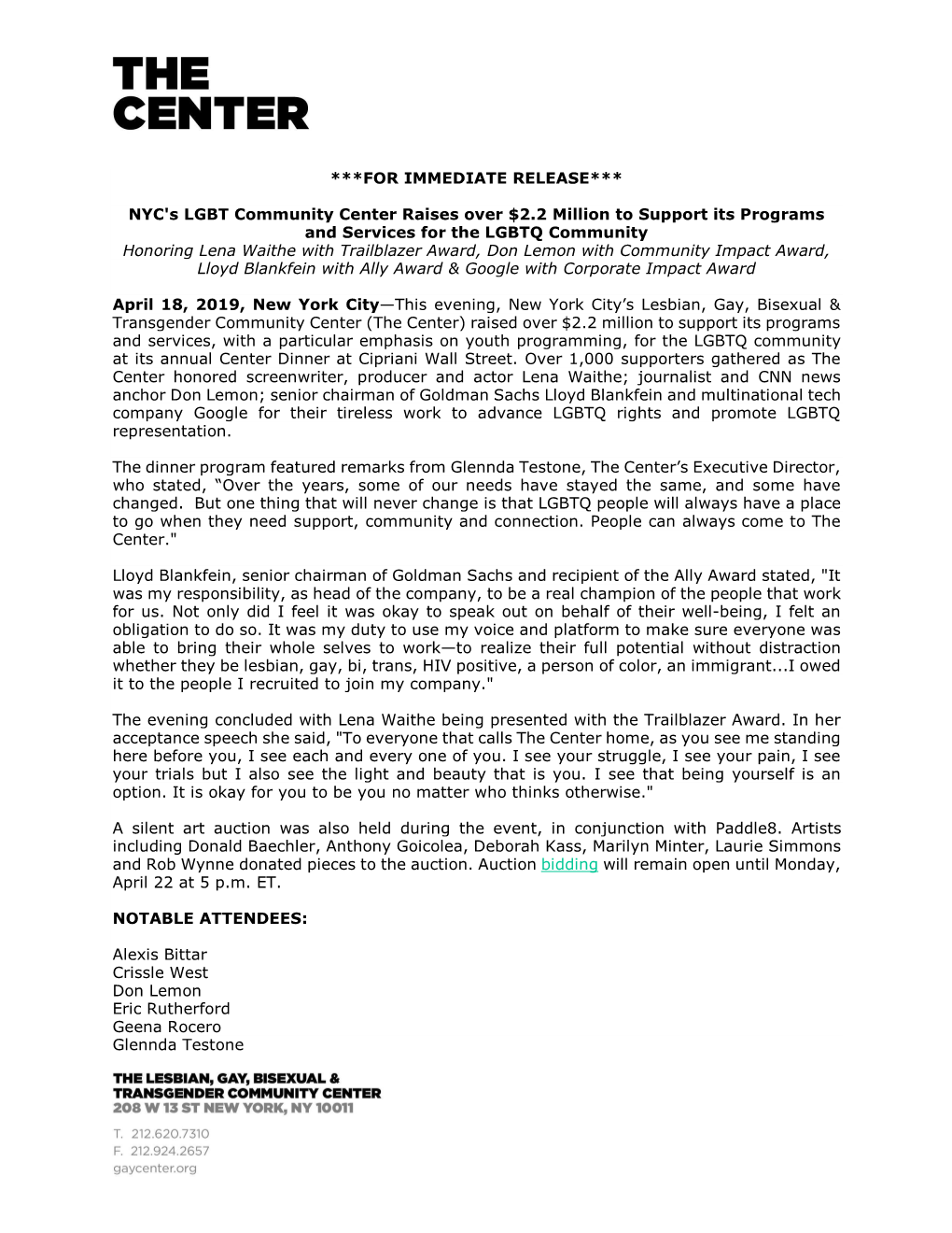 FOR IMMEDIATE RELEASE*** NYC's LGBT Community Center Raises