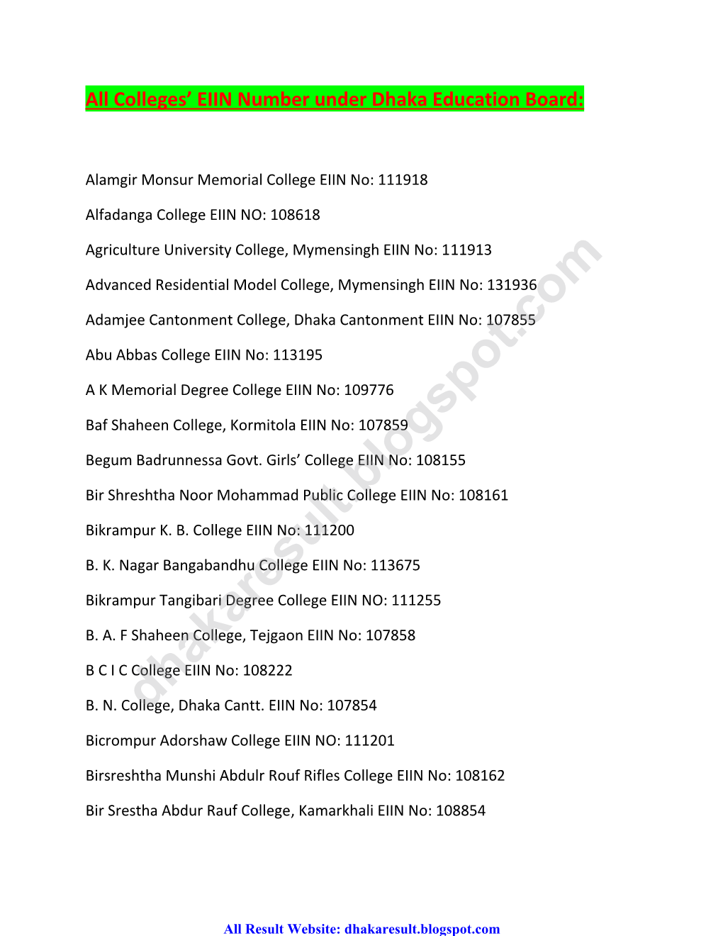 Colleges' EIIN Number Under Dhaka Education