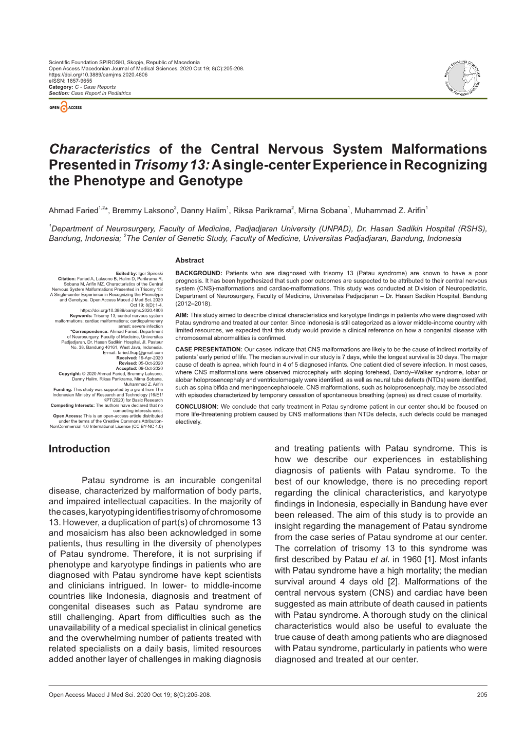 Characteristics of the Central Nervous System Malformations Presented in Trisomy 13: a Single-Center Experience in Recognizing the Phenotype and Genotype