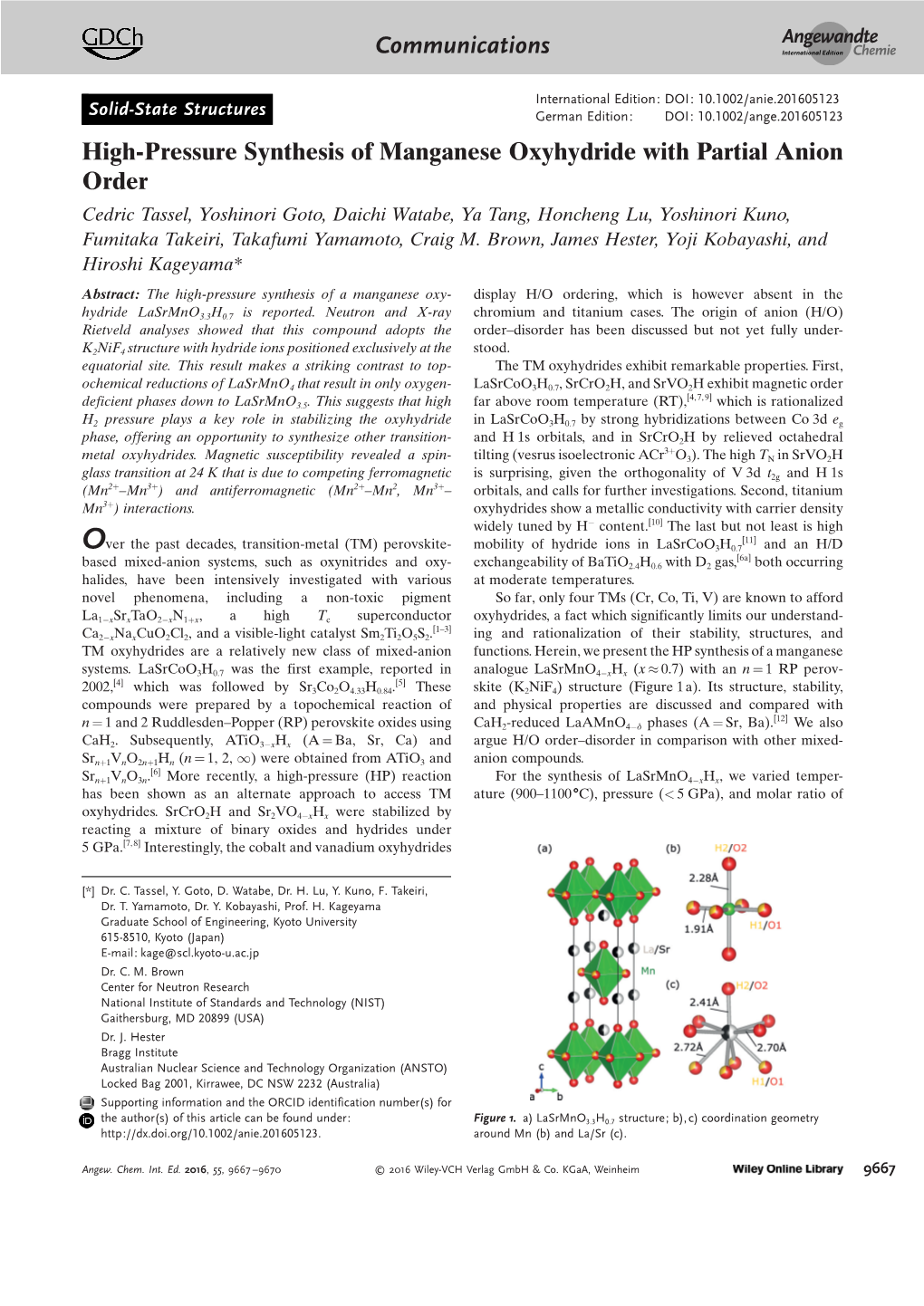 High‐Pressure Synthesis of Manganese Oxyhydride with Partial