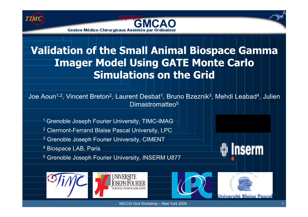 Validation of the Small Animal Biospace Gamma Imager Model Using GATE Monte Carlo Simulations on the Grid