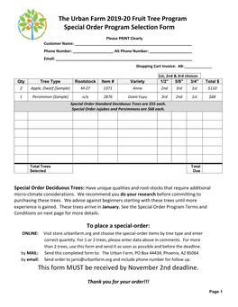 The Urban Farm 2019-20 Fruit Tree Program Special Order Program Selection Form This Form MUST Be Received by November 2Nd Deadli