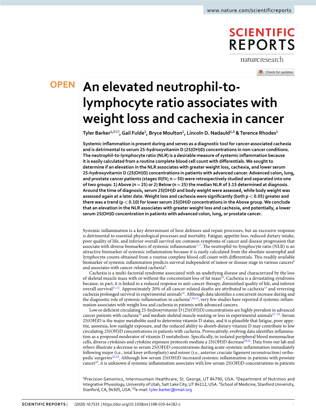 An Elevated Neutrophil-To-Lymphocyte Ratio Associates with Weight Loss