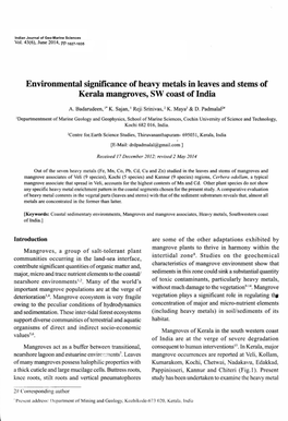 Environmental Significance of Heavy Metals in Leaves and Stems of Kerala Mangroves, SW Coast of India