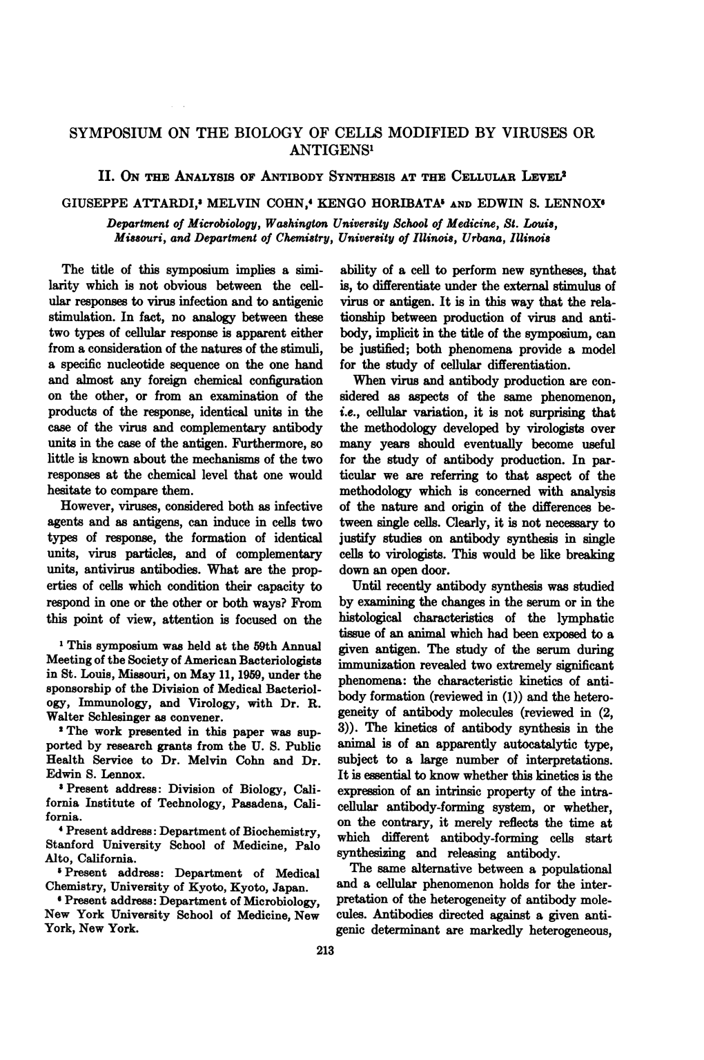 Antigens' Ii. on the Analysis of Antibody Syntesis at the Cellular Level2 Giuseppe Attardi,3 Melvin Cohn,' Kengo Horibata' and Edwin S