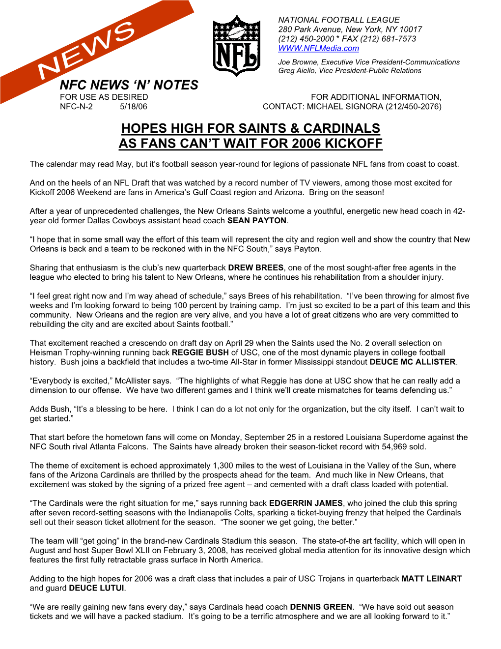 Nfc News 'N' Notes Hopes High for Saints & Cardinals