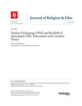 Verdens Undergang (1916) and the Birth of Apocalyptic Film: Antecedents and Causative Forces Wynn Gerald Hamonic Thompson Rivers University, Geraldhamonic01@Gmail.Com