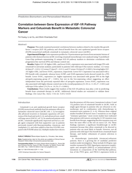 Correlation Between Gene Expression of IGF-1R Pathway Markers and Cetuximab Beneﬁt in Metastatic Colorectal Cancer