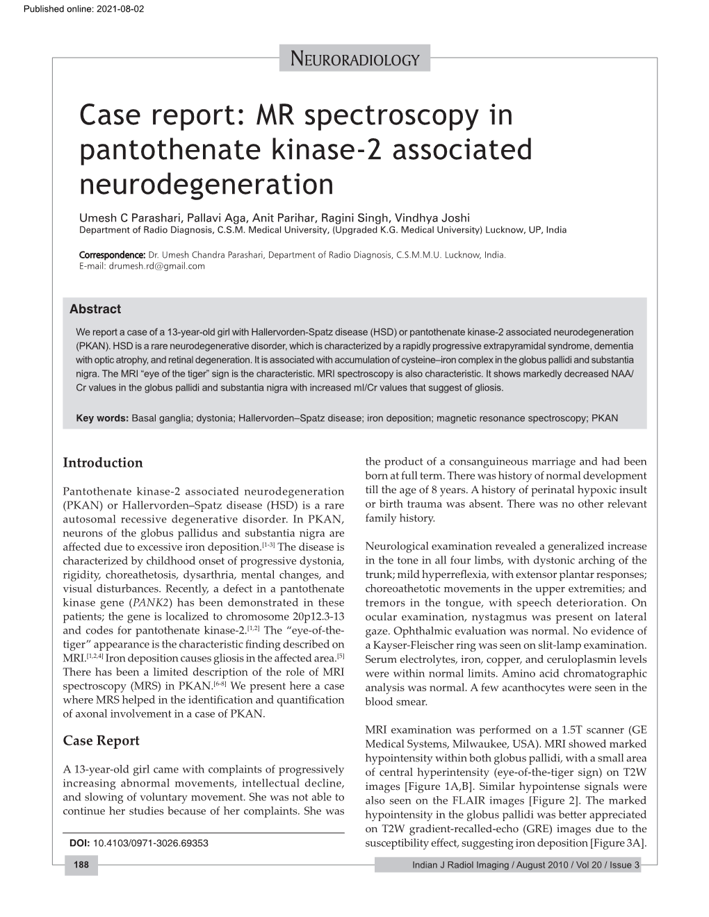 MR Spectroscopy in Pantothenate Kinase-2 Associated Neurodegeneration