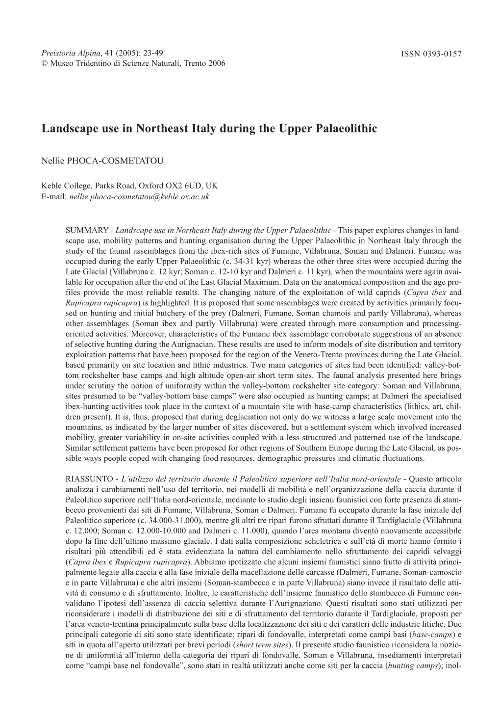Landscape Use in Northeast Italy During the Upper Palaeolithic