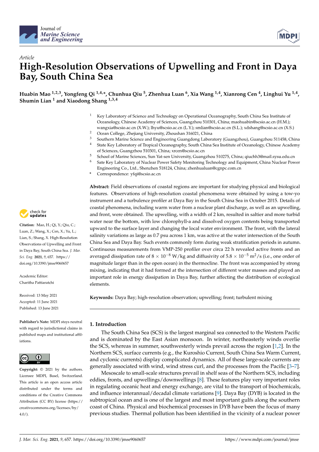 High-Resolution Observations of Upwelling and Front in Daya Bay, South China Sea