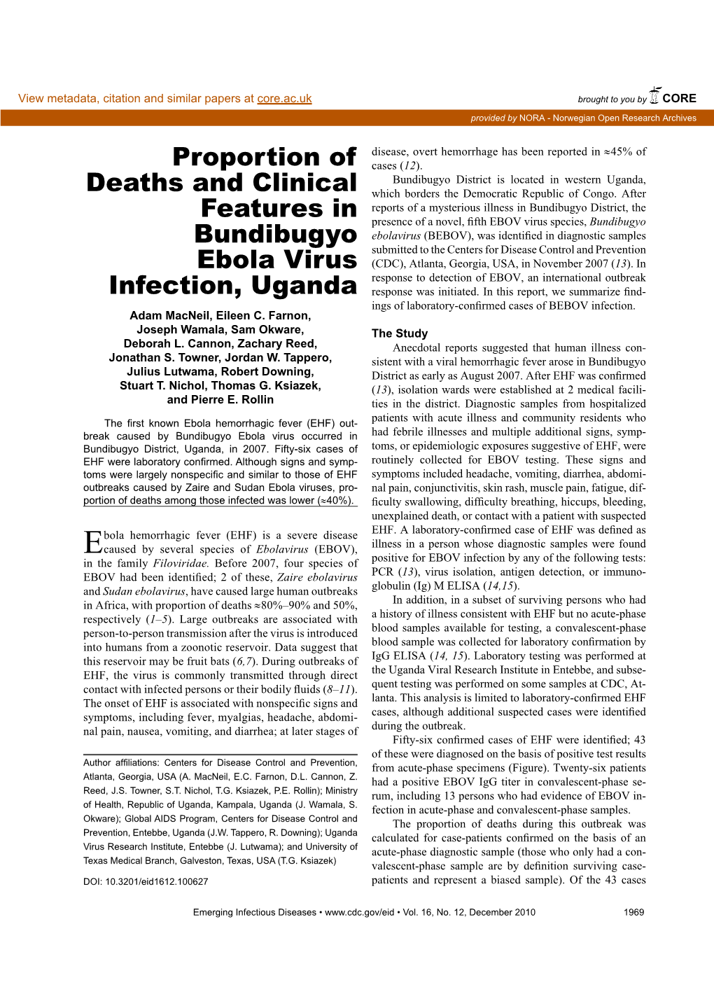 Proportion of Deaths and Clinical Features in Bundibugyo Ebola