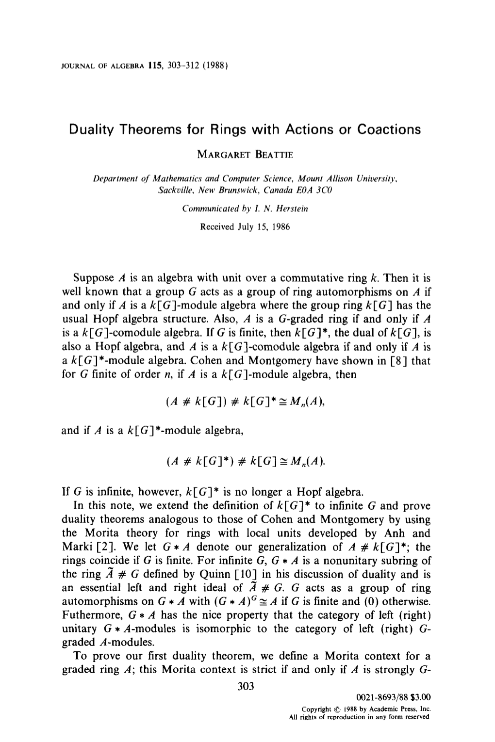 Duality Theorems for Rings with Actions Or Coactions MARGARETBEATTIE