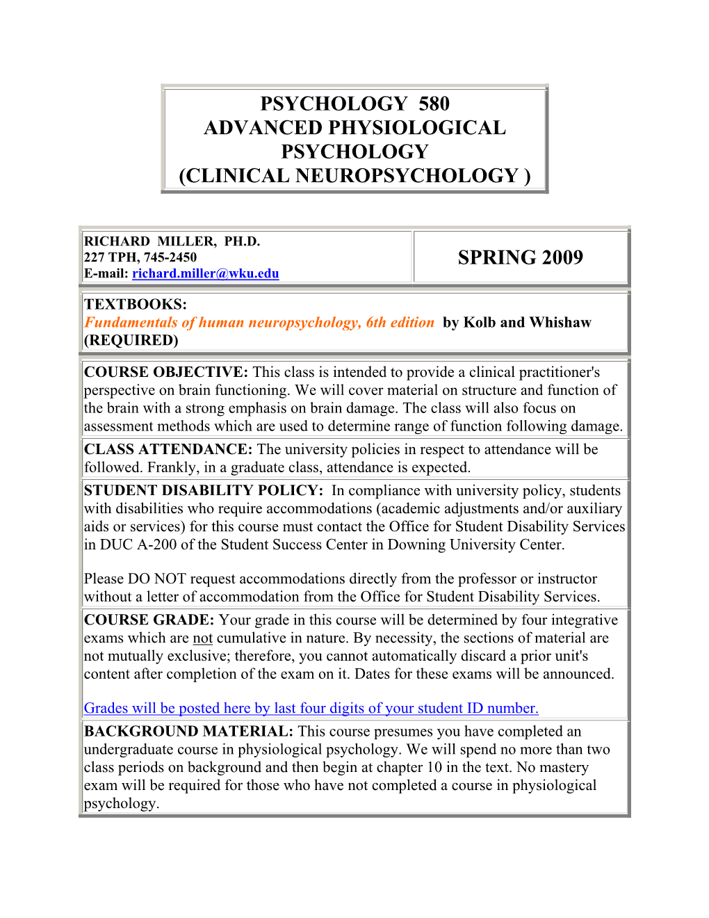 (Clinical Neuropsychology ) Spring 2009