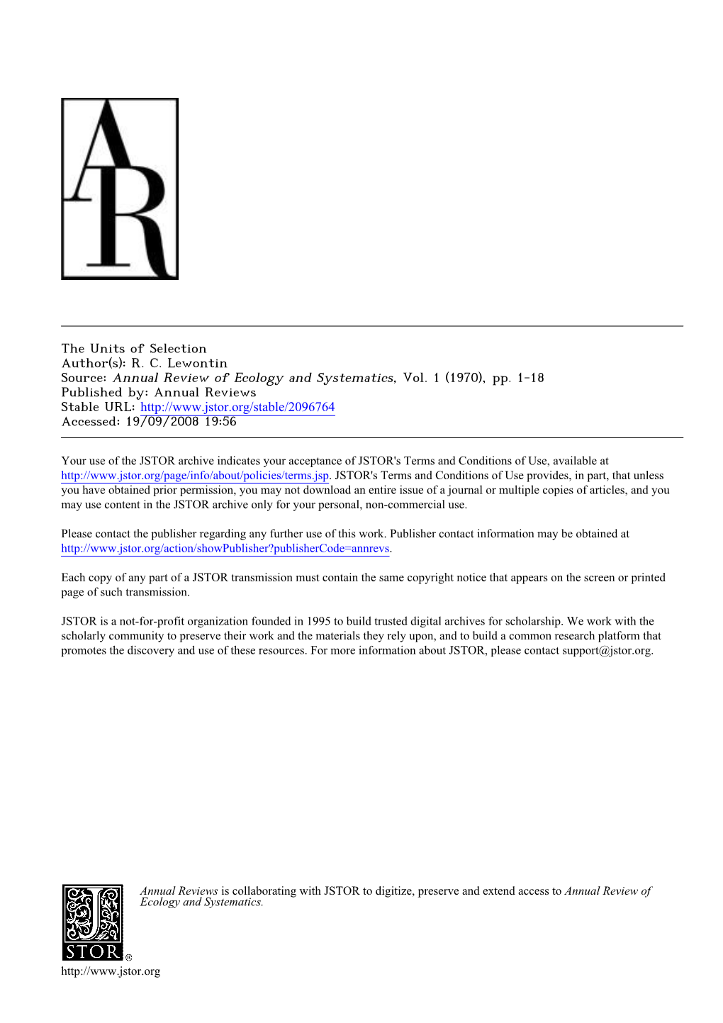 The Units of Selection Author(S): R