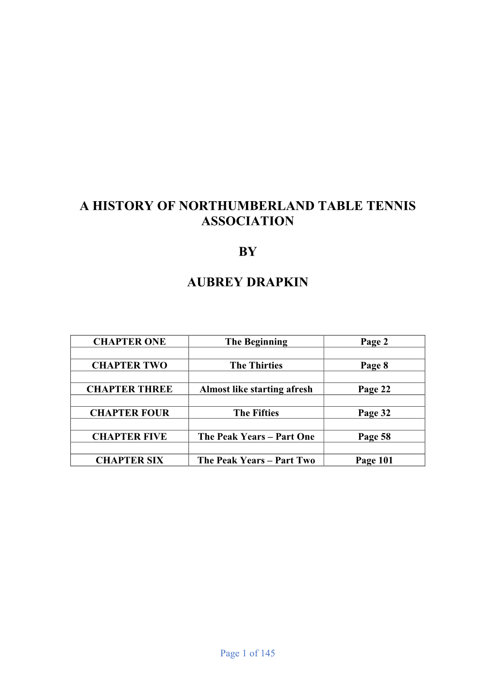 A History of Northumberland Table Tennis Association Chapters 1 to 6