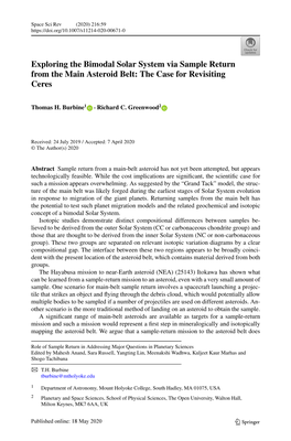 Exploring the Bimodal Solar System Via Sample Return from the Main Asteroid Belt: the Case for Revisiting Ceres