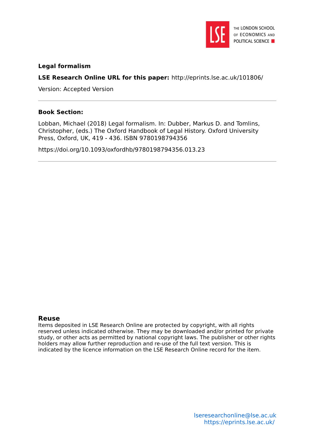 Legal Formalism LSE Research Online URL for This Paper: Version: Accepted Version