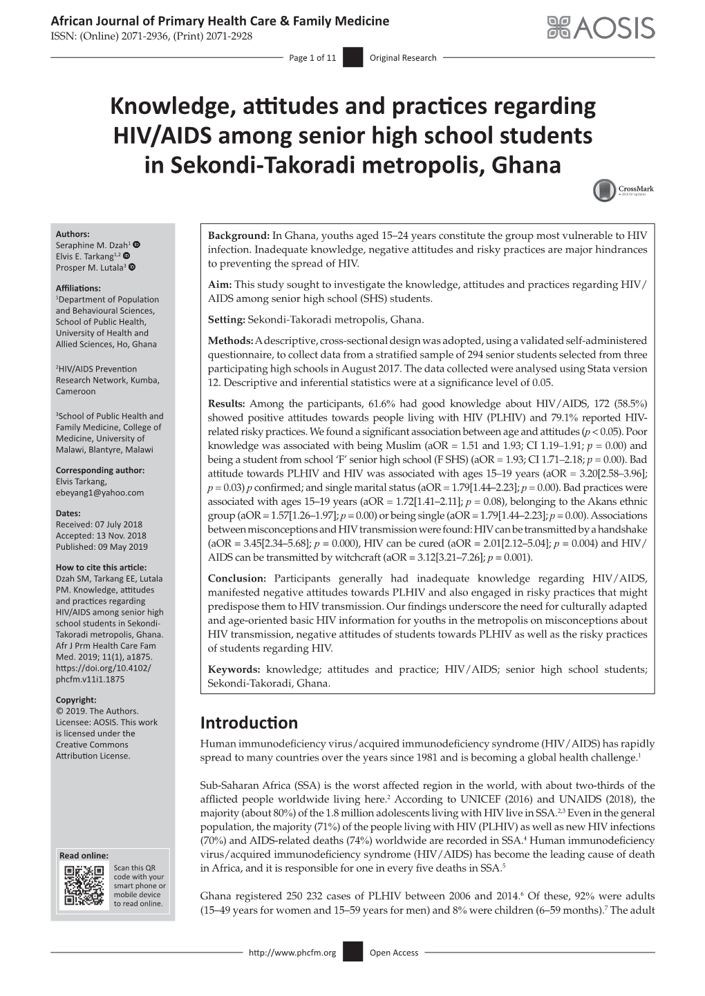 Knowledge, Attitudes and Practices Regarding HIV/AIDS Among Senior High School Students in Sekondi-Takoradi Metropolis, Ghana