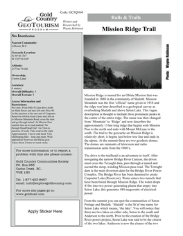 Mission Ridge Trail Rails & Trails Lake’.Youwillnoticethat Seton Lake