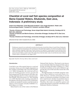 Checklist of Coral Reef Fish Species Composition at Bama Coastal Waters, Situbondo, East Java, Indonesia: a Preliminary Study