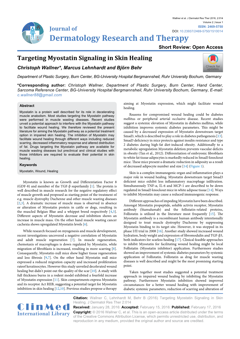 Targeting Myostatin Signaling in Skin Healing