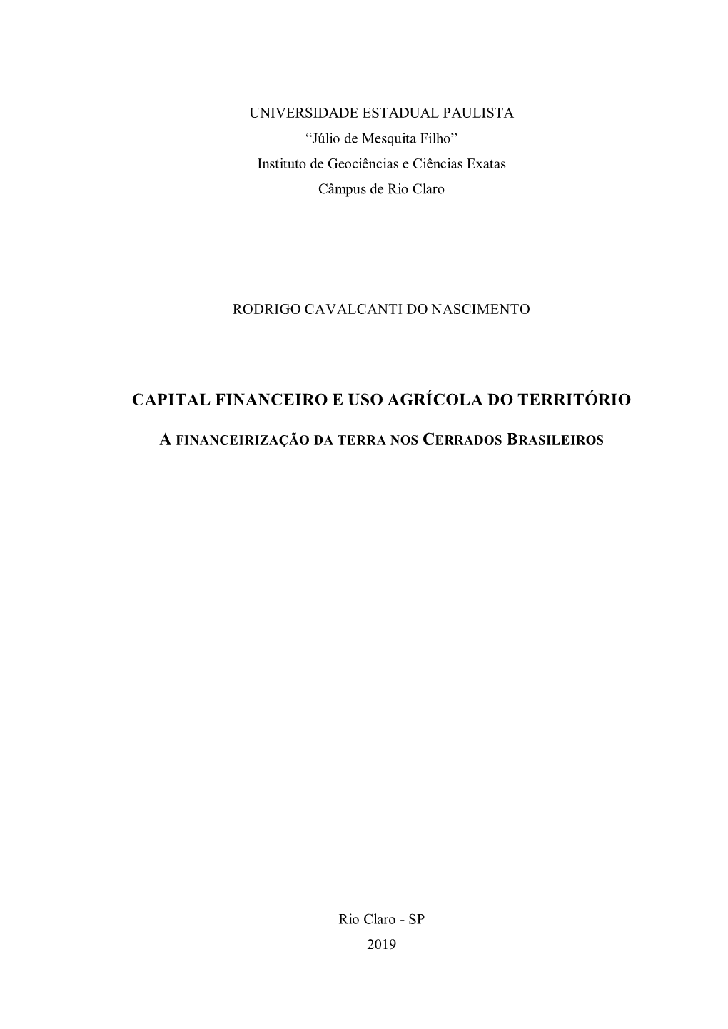 Capital Financeiro E Uso Agrícola Do Território
