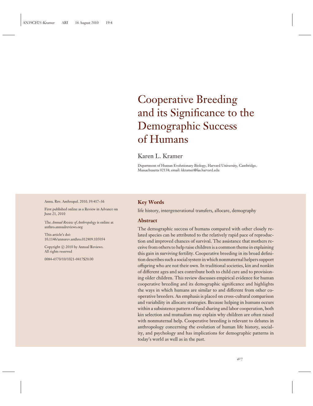 Cooperative Breeding and Its Significance to the Demographic