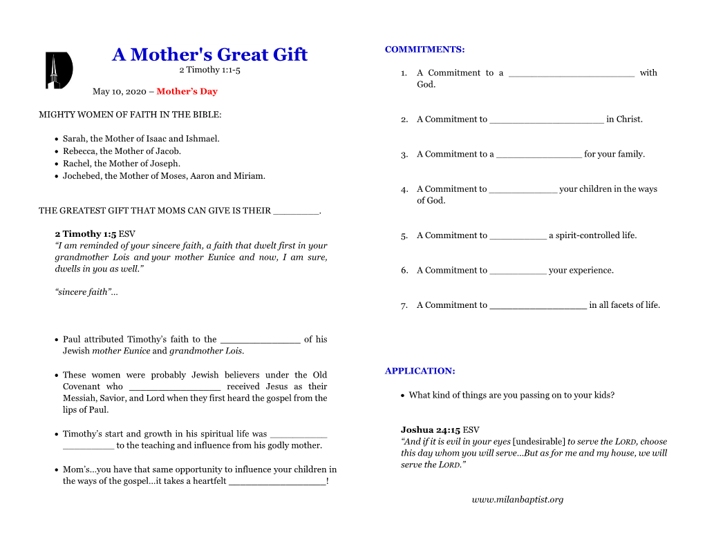 A Mother's Great Gift 2 Timothy 1:1-5 1