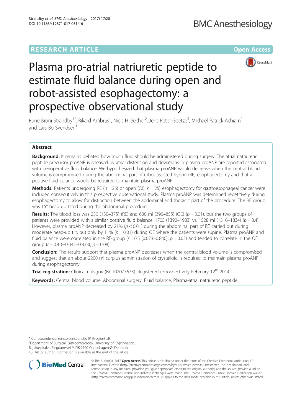 Plasma Pro-Atrial Natriuretic Peptide to Estimate Fluid Balance During Open and Robot-Assisted Esophagectomy