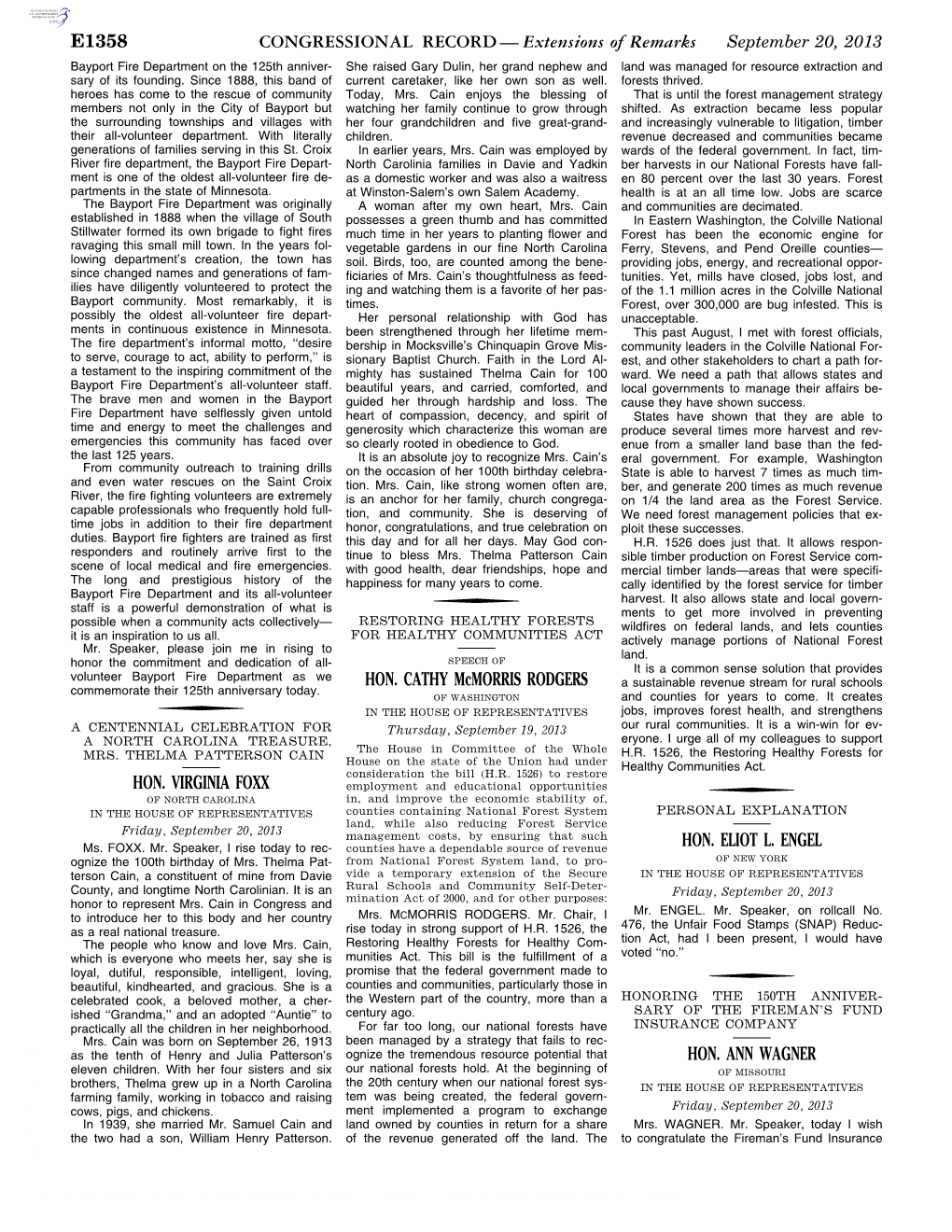 Extensions of Remarks E1358 HON. VIRGINIA FOXX HON. CATHY