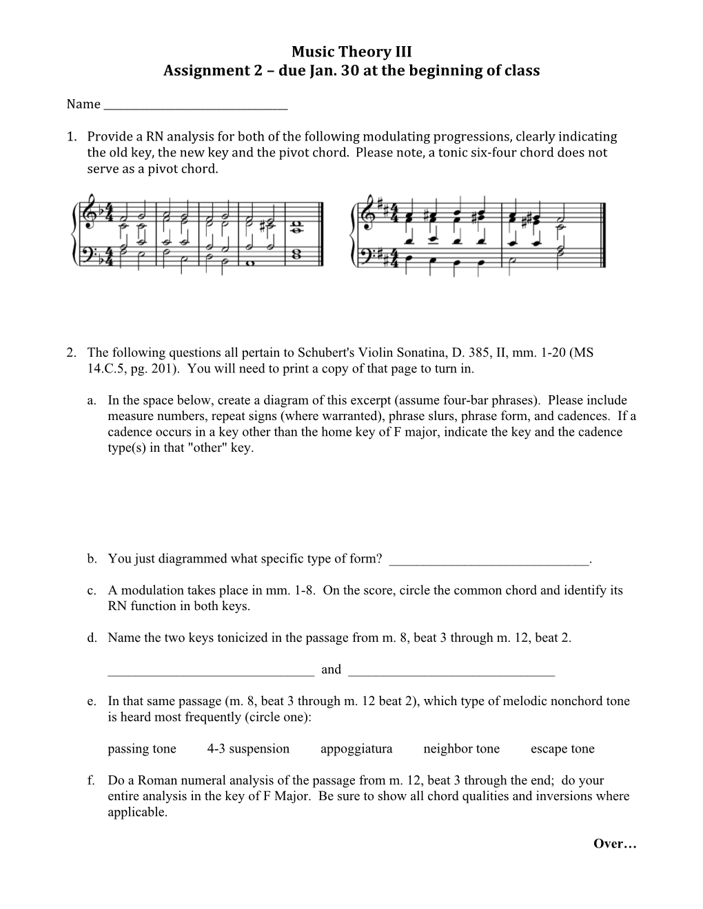 Music Theory III Assignment 2 – Due Jan. 30 at the Beginning of Class