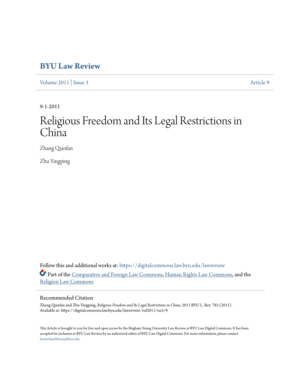 Religious Freedom and Its Legal Restrictions in China Zhang Qianfan