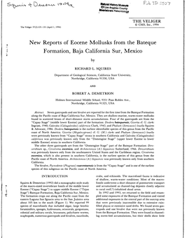 New Reports of Eocene Mollusks from the Bateque Formation, Baja California Sur, Mexico