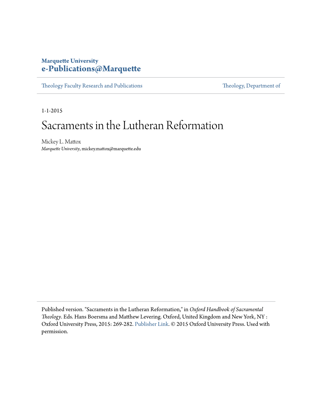 Sacraments in the Lutheran Reformation Mickey L