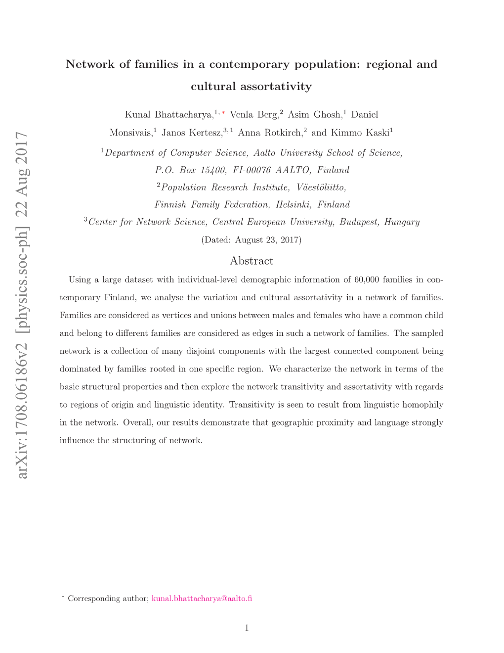 Network of Families in a Contemporary Population: Regional and Cultural