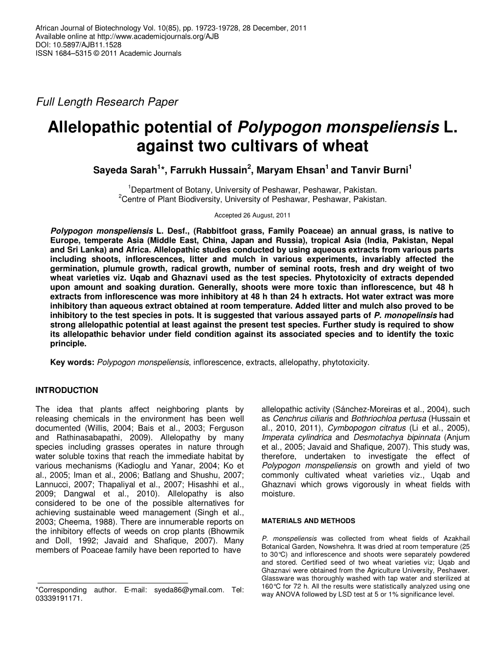 Allelopathic Potential of Polypogon Monspeliensis L. Against Two Cultivars of Wheat