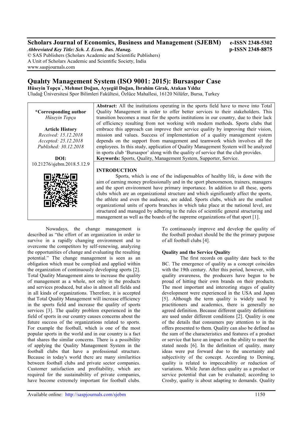 Qualıty Management System (ISO 9001: 2015): Bursaspor Case