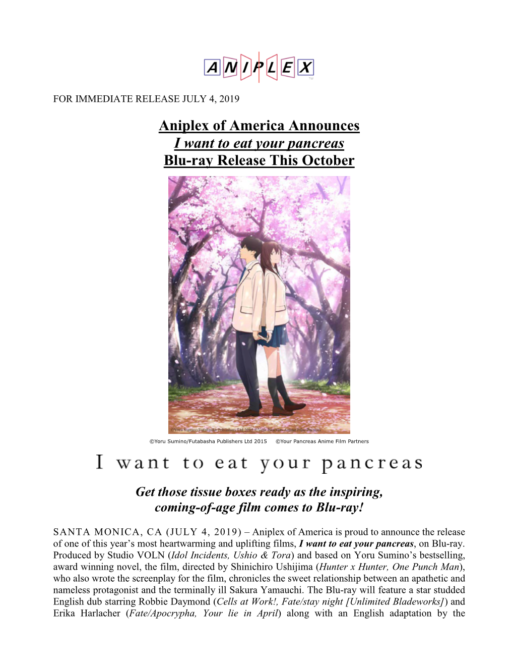 Aniplex of America Announces I Want to Eat Your Pancreas Blu-Ray Release This October
