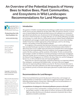 An Overview of the Potential Impacts of Honey Bees to Native Bees, Plant Communities, and Ecosystems in Wild Landscapes: Recommendations for Land Managers