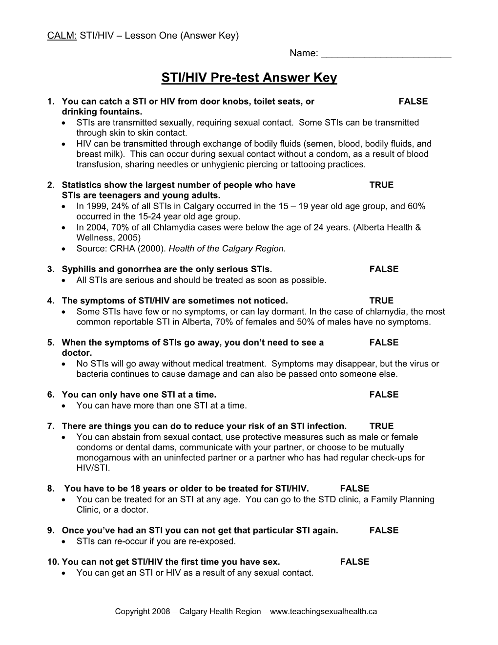 STI/HIV Pre-Test Answer Key