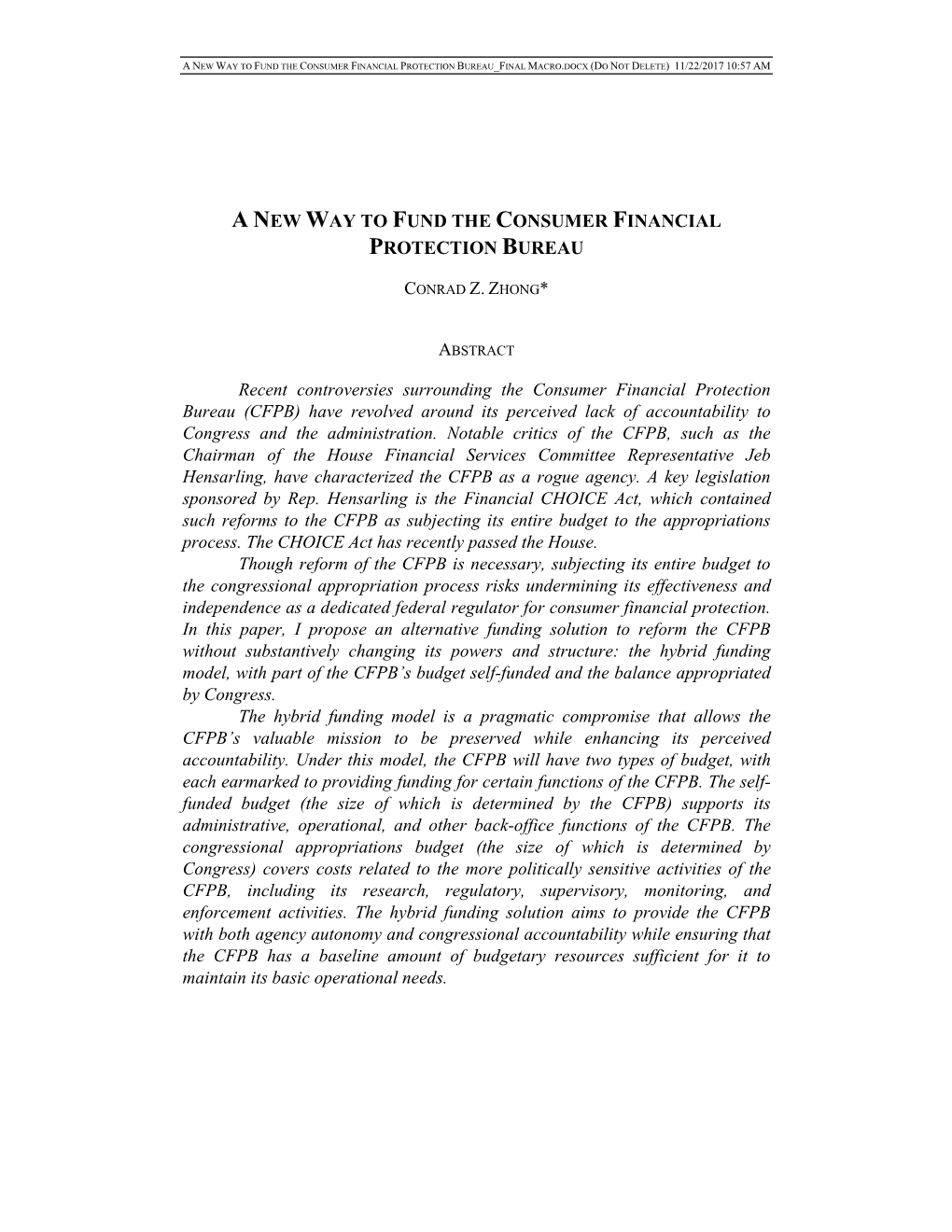 A New Way to Fund the Consumer Financial Protection Bureau Final Macro.Docx (Do Not Delete) 11/22/2017 10:57 Am