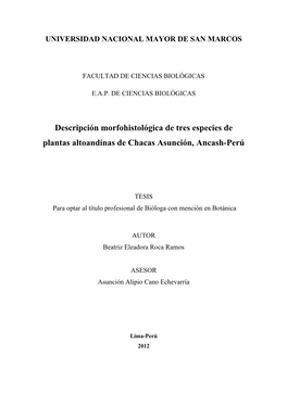 Descripción Morfohistológica De Tres Especies De Plantas Altoandinas De Chacas Asunción, Ancash-Perú